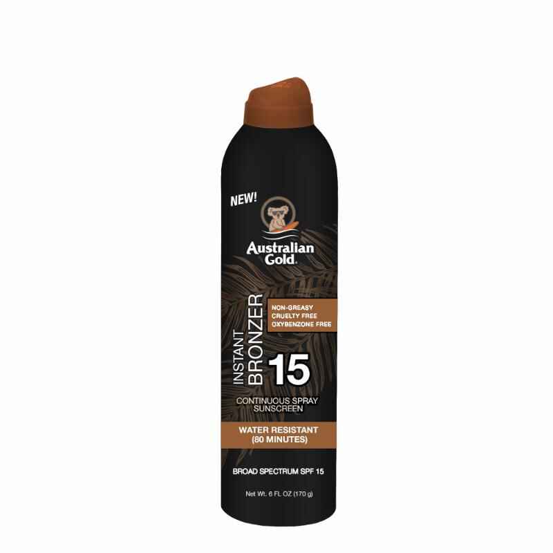 Australian gold SPF 15 CONTINUOUS SPRAY SUNSCREEN WITH INSTANT BRONZER.