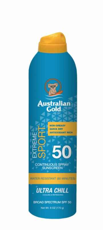 Australian gold SPF 50 SPORT CONTINUOUS SPRAY WITH ULTRA CHILL.