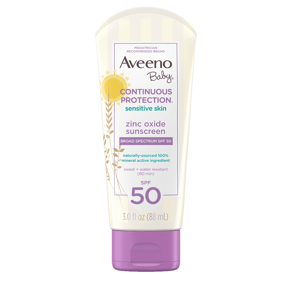 AVEENO BABY CONTINUOUS PROTECTION® SENSITIVE SKIN LOTION ZINC OXIDE SUNSCREEN WITH BROAD SPECTRUM SPF 50.