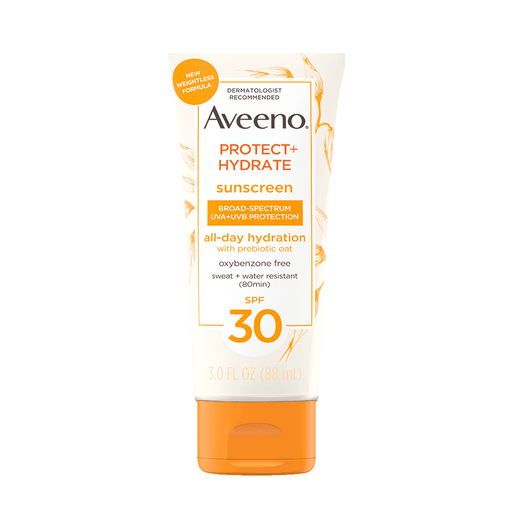 AVEENO PROTECT + HYDRATE SUNSCREEN BROAD SPECTRUM BODY LOTION SPF 30.