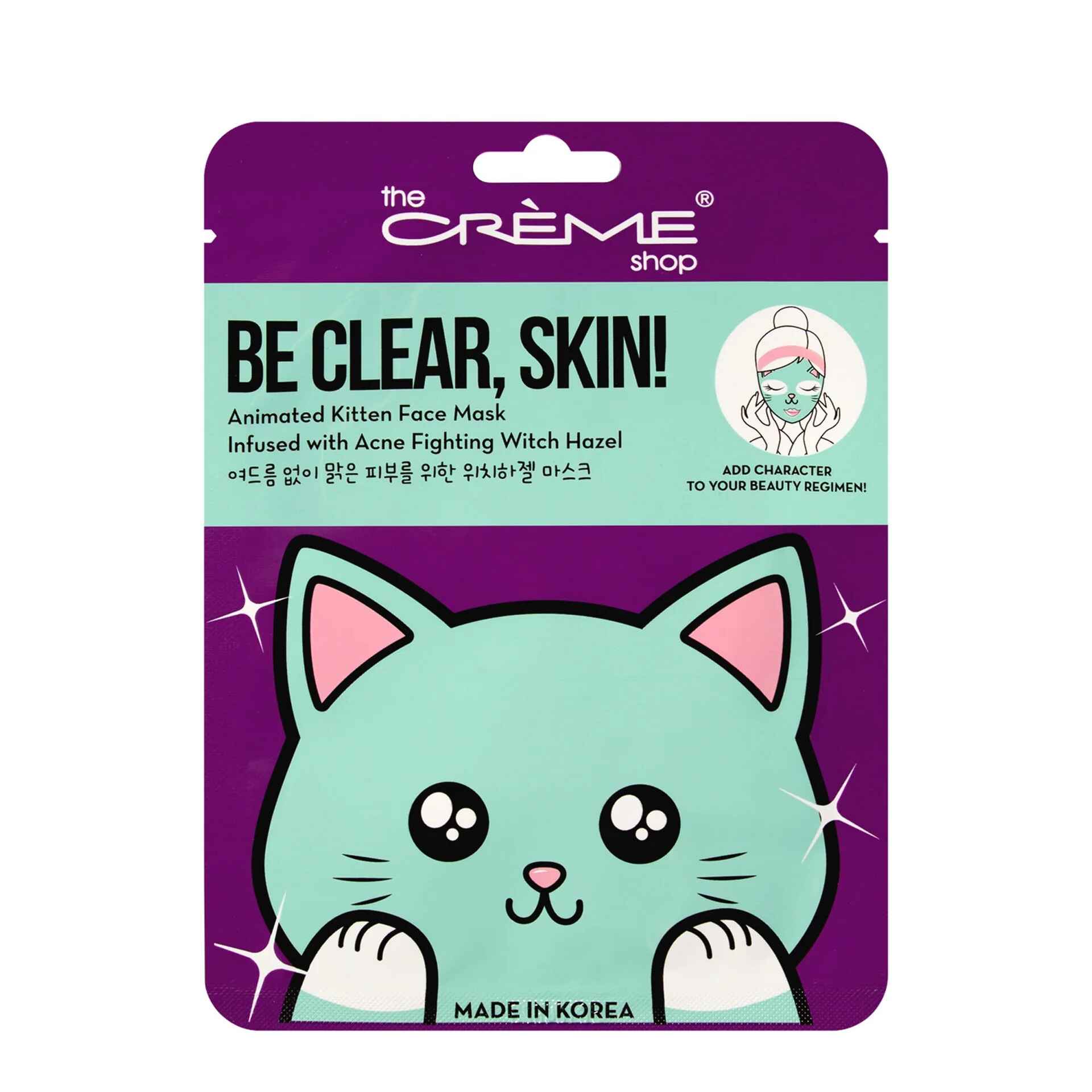 The Creme Shop BE CLEAR SKIN ANIMATED KITTEN FACE MASK ACNE-FIGHTING WITCH HAZEL.