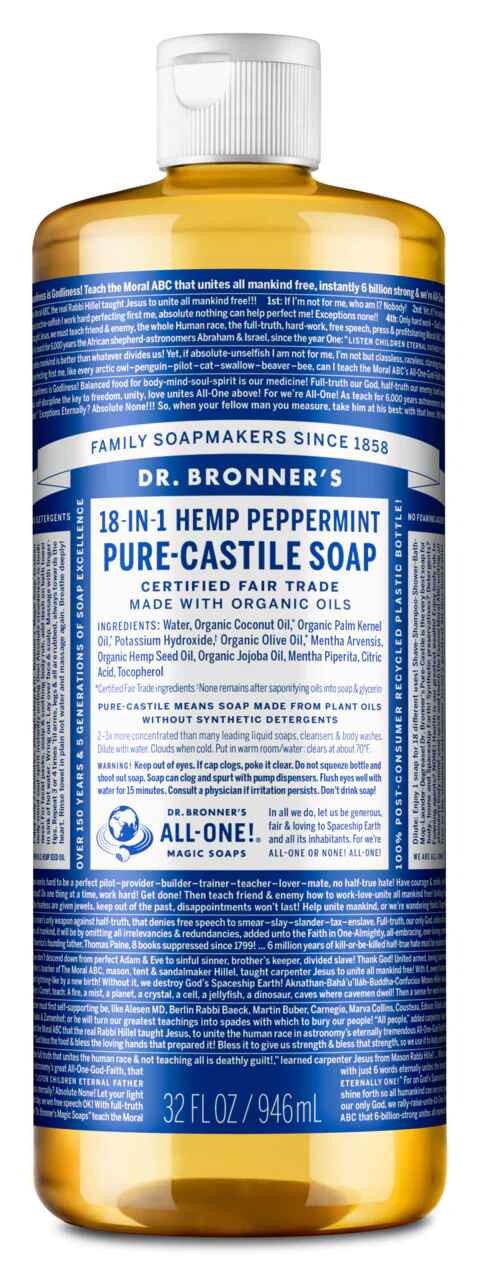 Dr Bronners PEPPERMINT PURE CASTILE LIQUID SOAP.