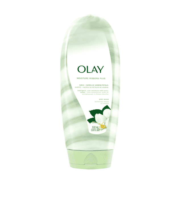 Olay Moisture Ribbons Body Wash WITH SHEA AND NOTES OF JASMINE PETALS.