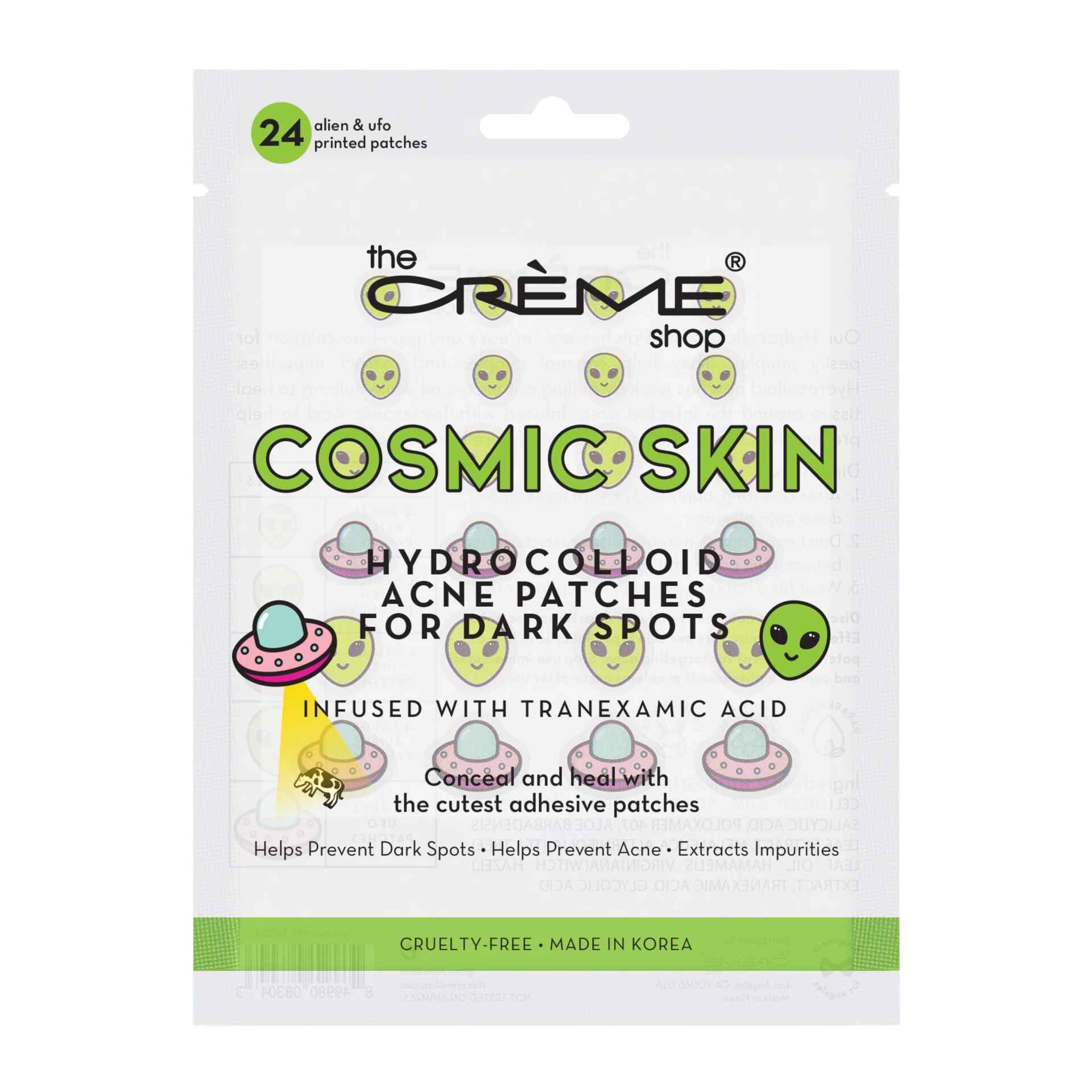 The Creme Shop COSMIC SKIN HYDROCOLLOID ACNE PATCHES INFUSED WITH TRANEXAMIC ACID.