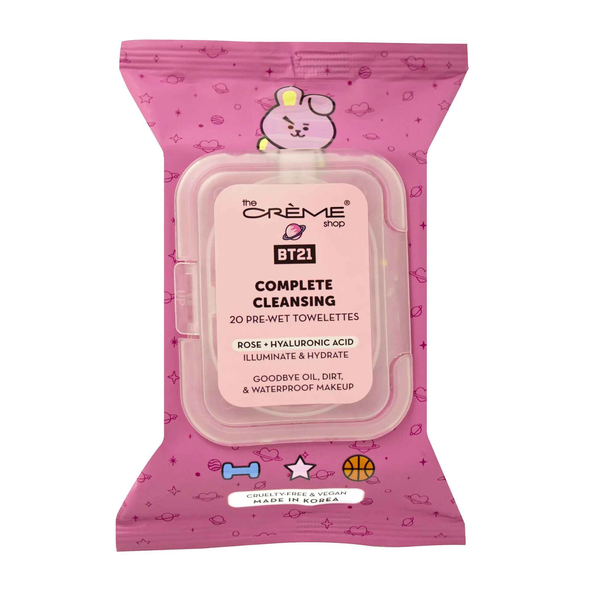 The Creme Shop COOKY COMPLETE CLEANSING TOWELETTES ROSE and HYALURONIC ACID 20 PRE WET TOWELETTES.