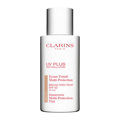 Clarins UV PLUS Anti-Pollution Tinted Sunscreen SPF 50 medium.