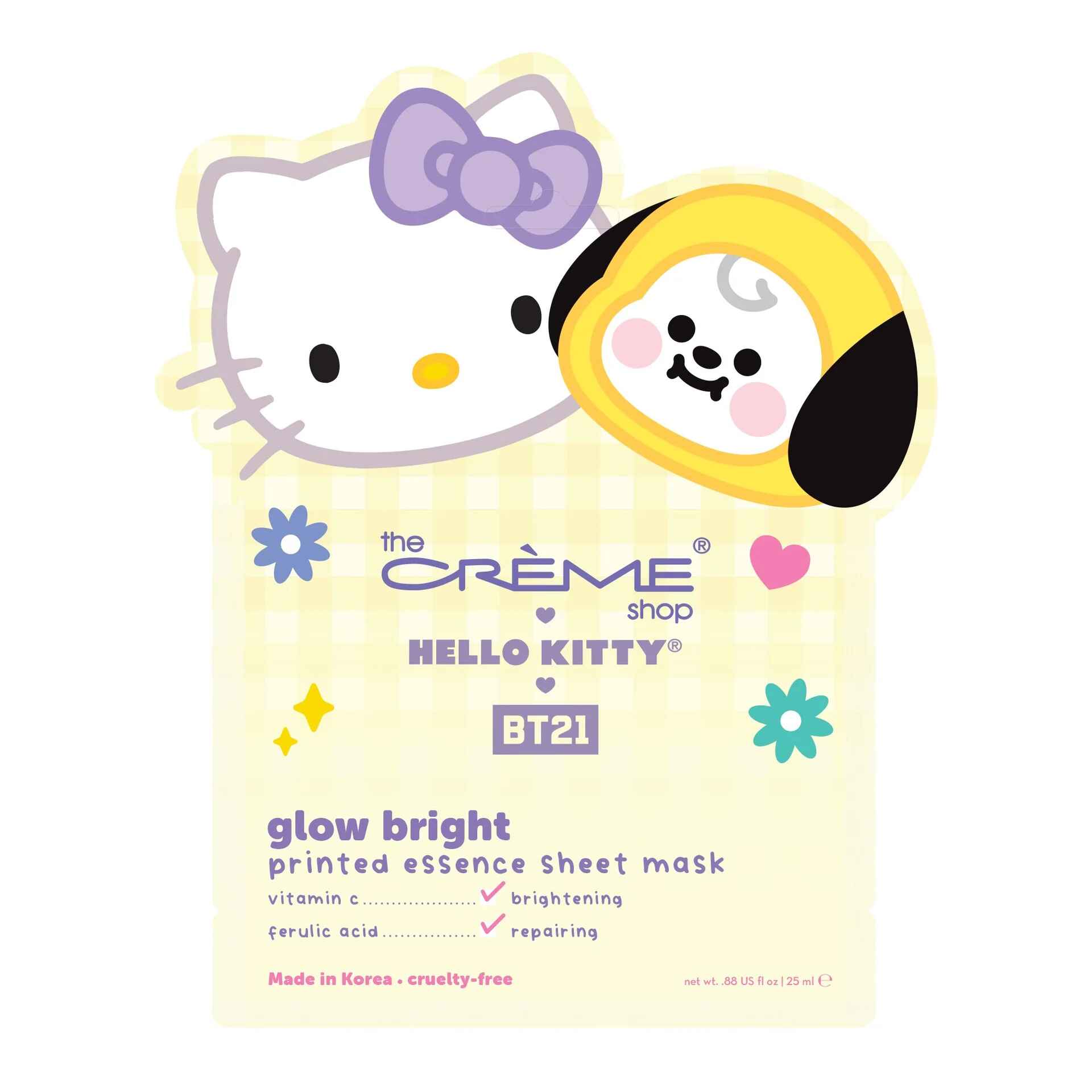 The Creme Shop HELLO KITTY and BT21 GLOW BRIGHT PRINTED ESSENCE SHEET MASK.
