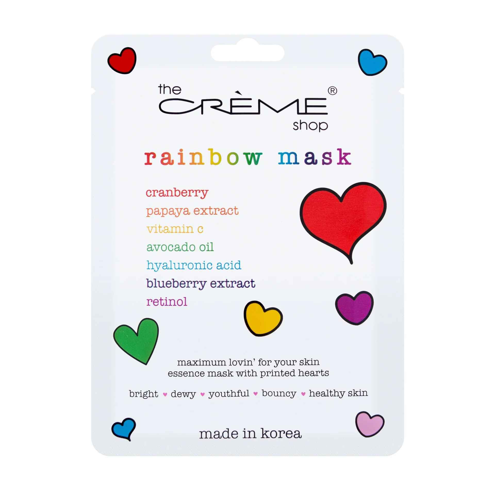 The Creme Shop RAINBOW FACE MASK PRINTED WITH RAINBOW HEARTS.