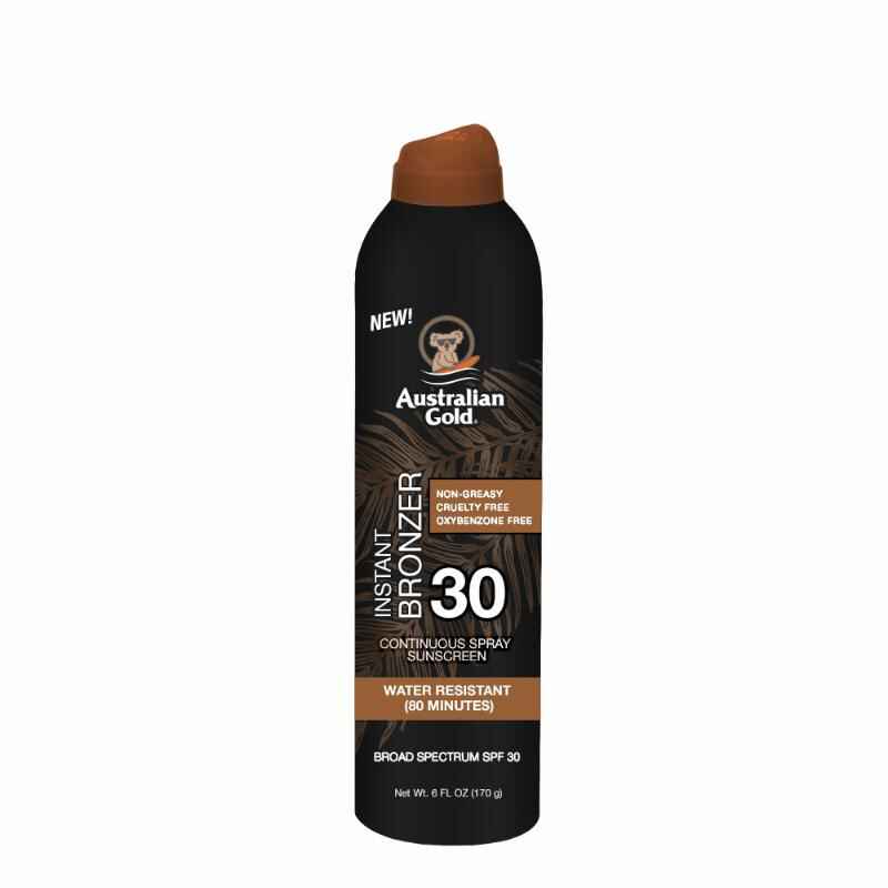 Australian gold SPF 30 CONTINUOUS SPRAY SUNSCREEN WITH INSTANT BRONZER.