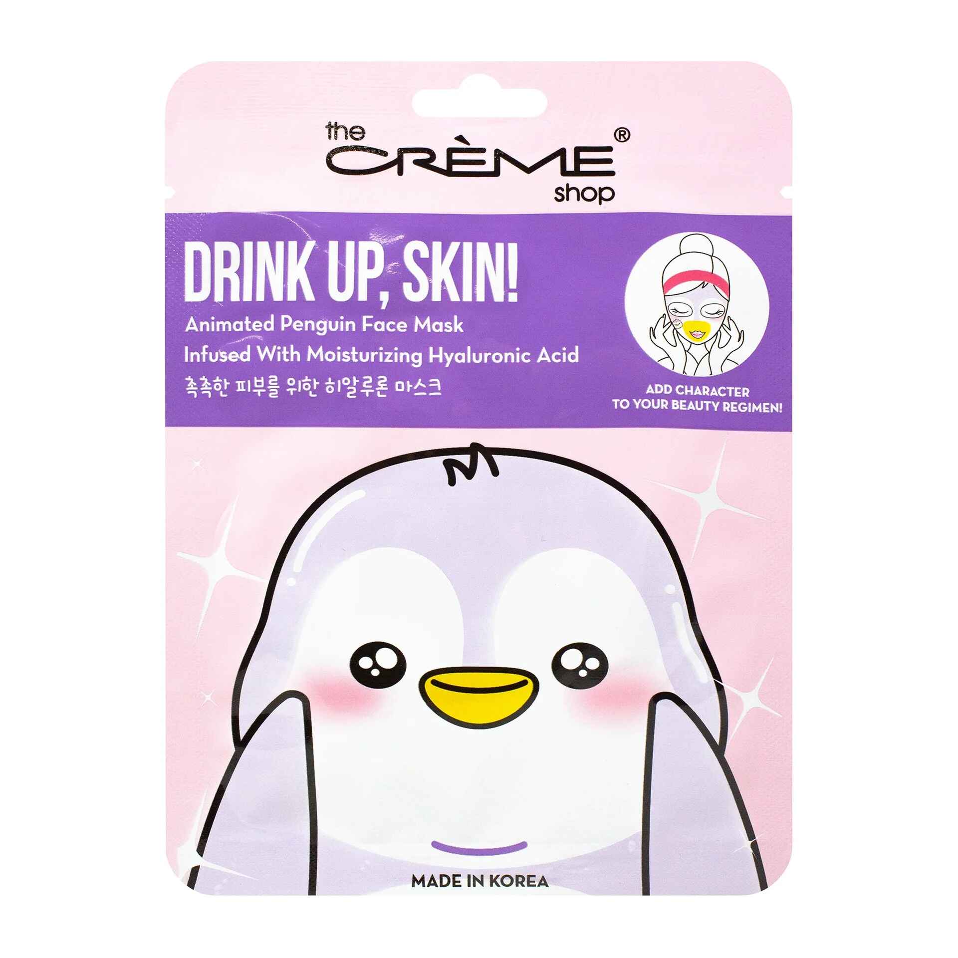 The Creme Shop DRINK UP SKIN ANIMATED PENGUIN FACE MASK INFUSED WITH MOISTURIZING HYALURONIC ACID.
