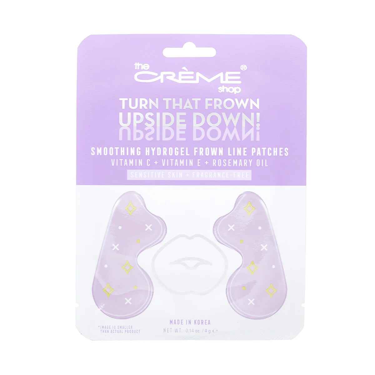 The Creme Shop TURN THAT FROWN UPSIDE DOWN SMOOTHING HYDROGEL FROWN LINE PATCHES VITAMIN C VITAMIN E ROSEMARY OIL.