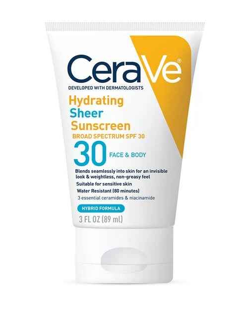 CeraVe Hydrating Sheer Sunscreen Broad Spectrum SPF 30 for Face & Body.
