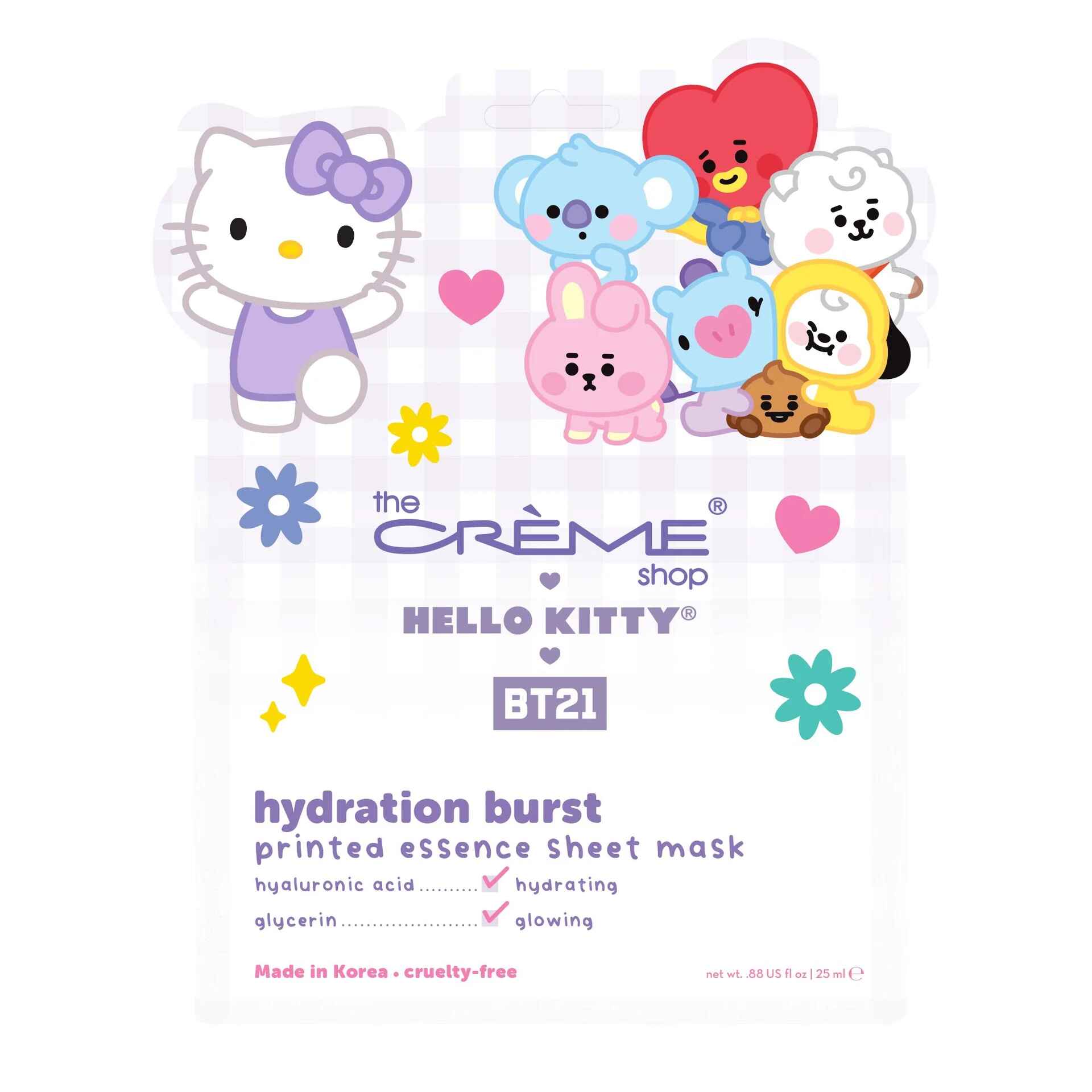The Creme Shop HELLO KITTY and BT21 HYDRATION BURST PRINTED ESSENCE SHEET MASK.