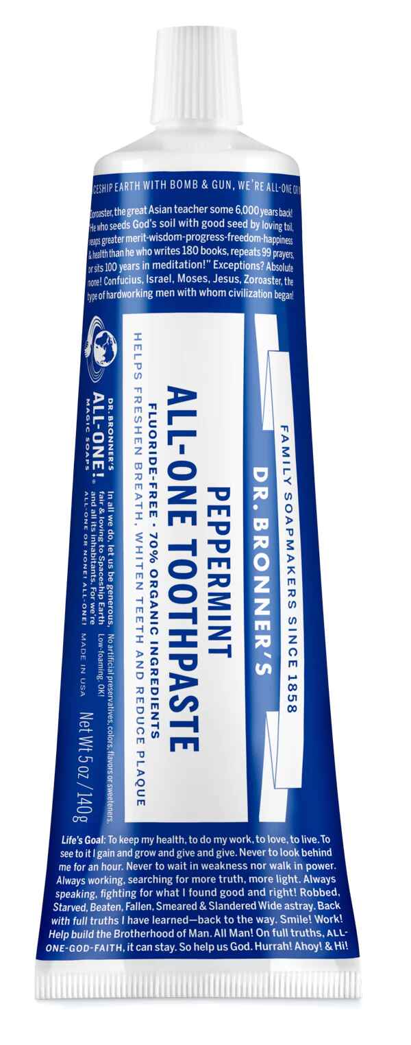 Dr Bronners PEPPERMINT ALL-ONE TOOTHPASTE.