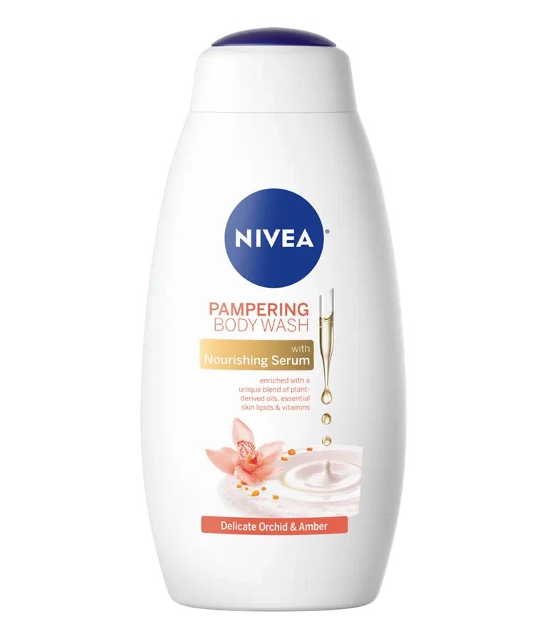Nivea DELICATE ORCHID and AMBER PAMPERING BODY WASH.