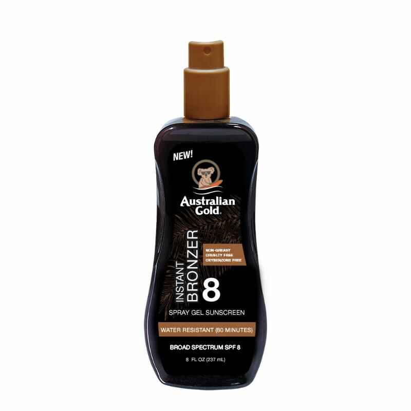 Australian gold SPF 8 SPRAY GEL SUNSCREEN WITH INSTANT BRONZER.
