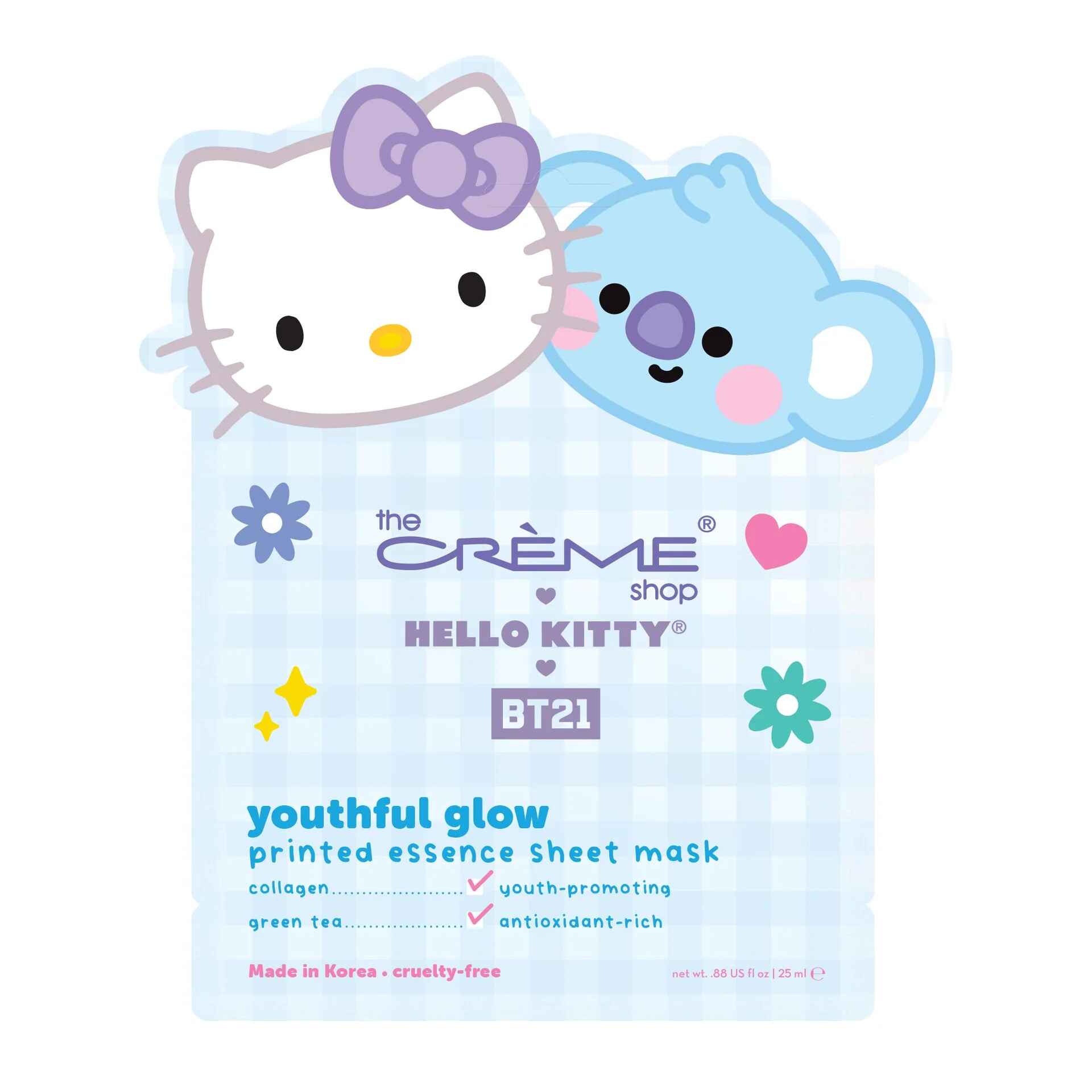 The Creme Shop HELLO KITTY and BT21 YOUTHFUL GLOW PRINTED ESSENCE SHEET MASK.