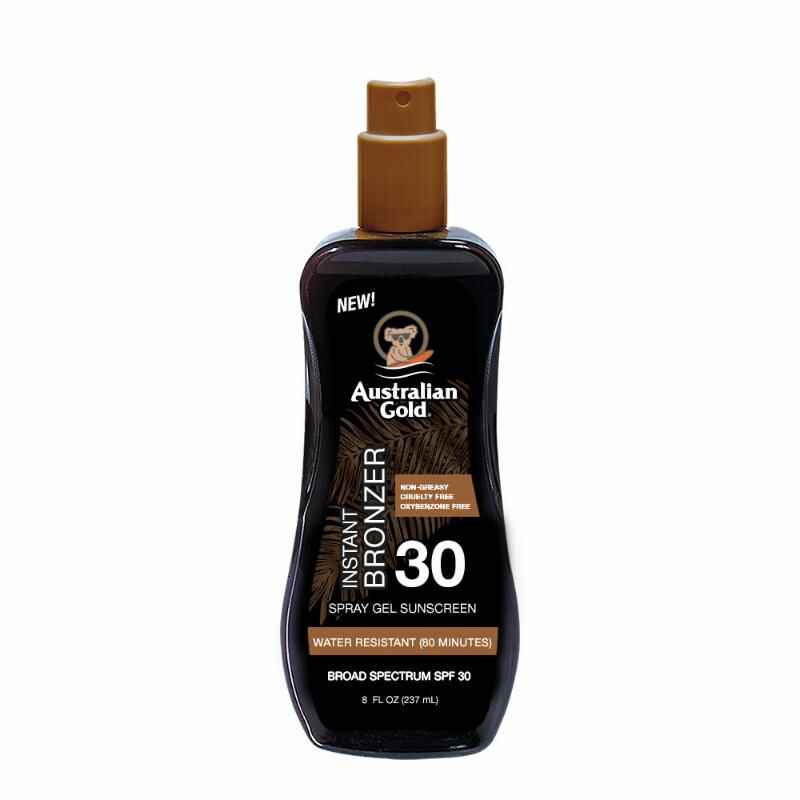 Australian gold SPF 30 SPRAY GEL SUNSCREEN WITH INSTANT BRONZER.