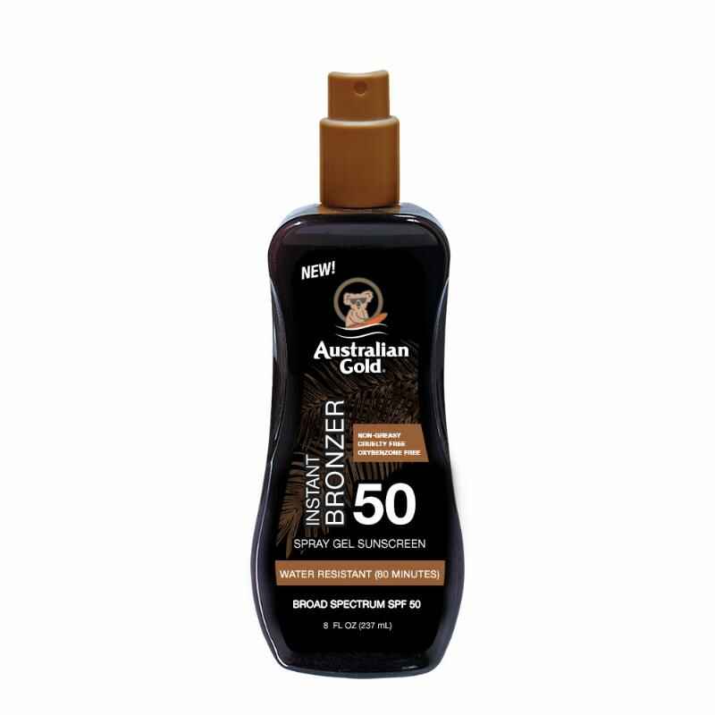 Australian gold SPF 50 SPRAY GEL SUNSCREEN WITH INSTANT BRONZER.
