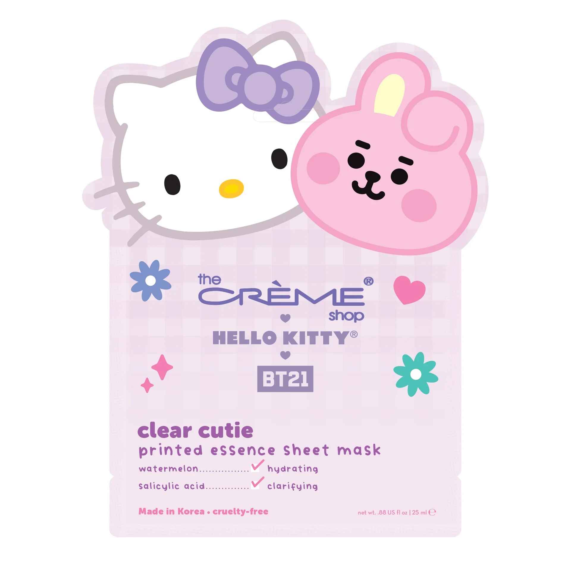 The Creme Shop HELLO KITTY and BT21 CLEAR CUTIE PRINTED ESSENCE SHEET MASK.