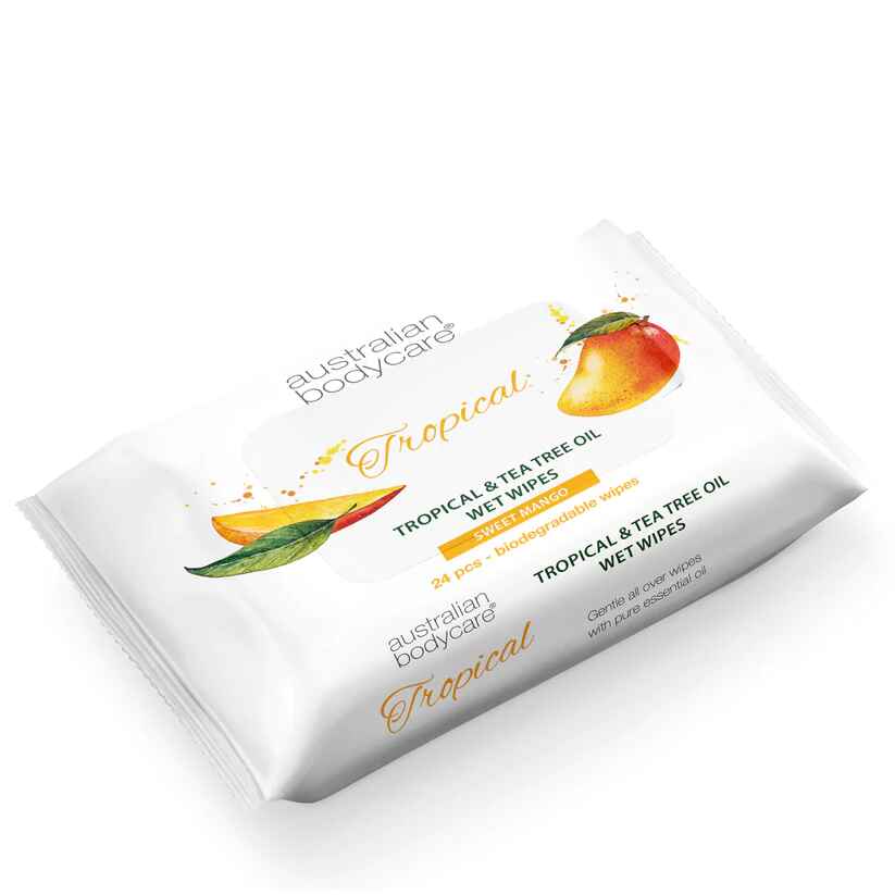 Australian Bodycare Adult wet wipes with Mango & Tea Tree Oil.
