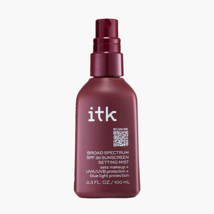itk broad spectrum SPF30 sunscreen mist makeup setting.