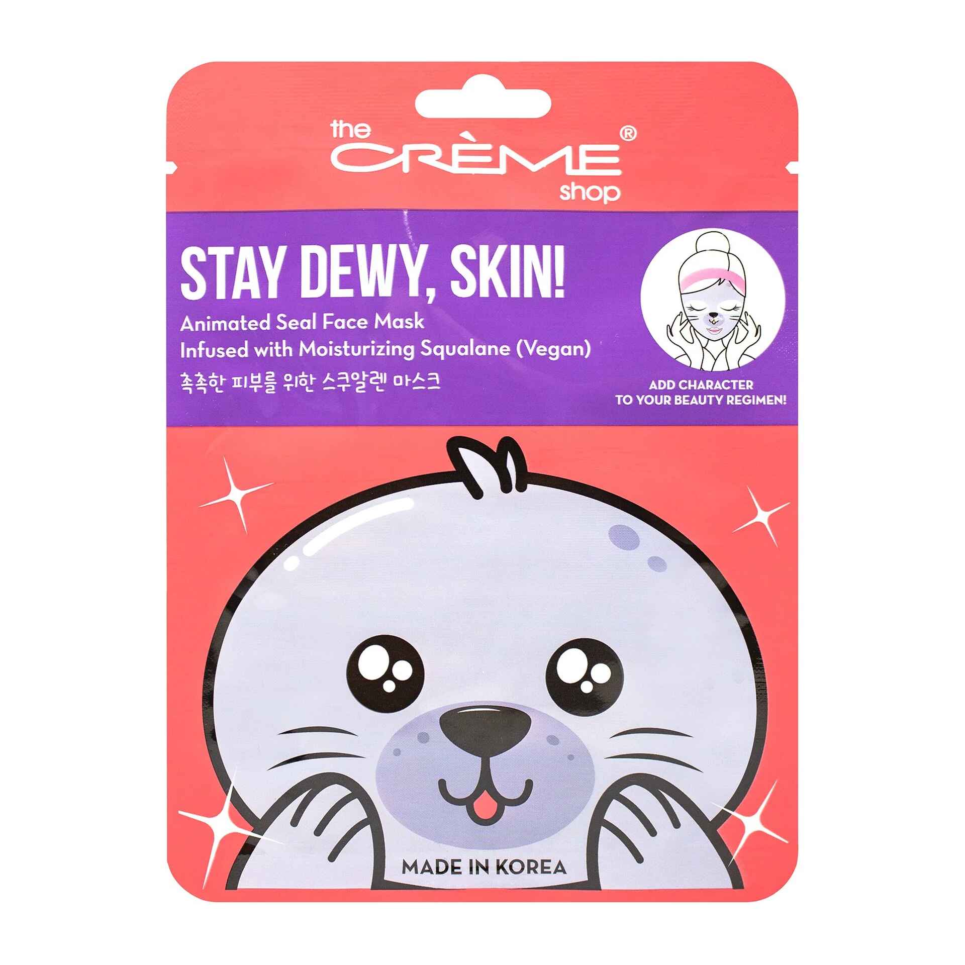 The Creme Shop STAY DEWY SKIN ANIMATED SEAL FACE MASK INFUSED WITH MOISTURIZING VEGAN SQUALANE.
