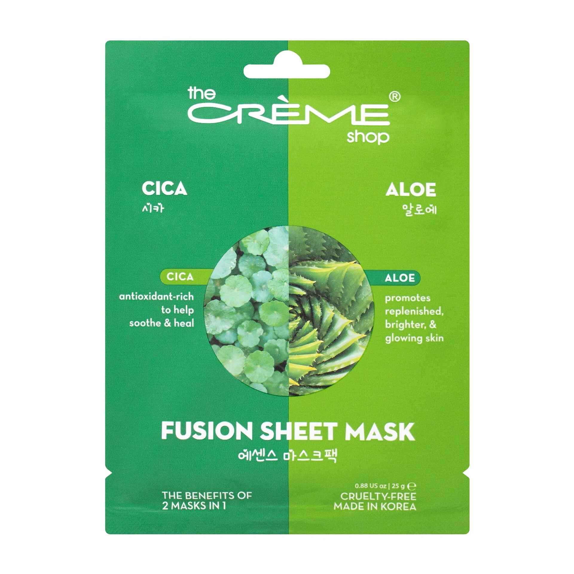 The Creme Shop CICA and ALOE VERA FUSION SHEET MASK.