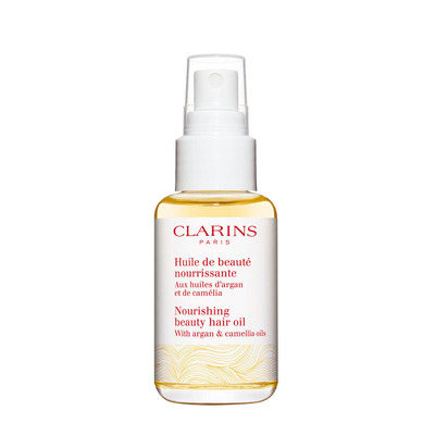 Clarins Nourishing Beauty Hair Oil with Argan and Camellia Oils.