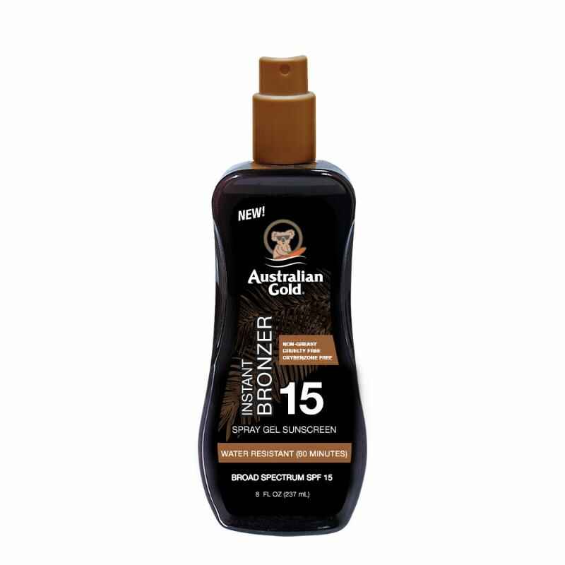 Australian gold SPF 15 SPRAY GEL SUNSCREEN WITH INSTANT BRONZER.