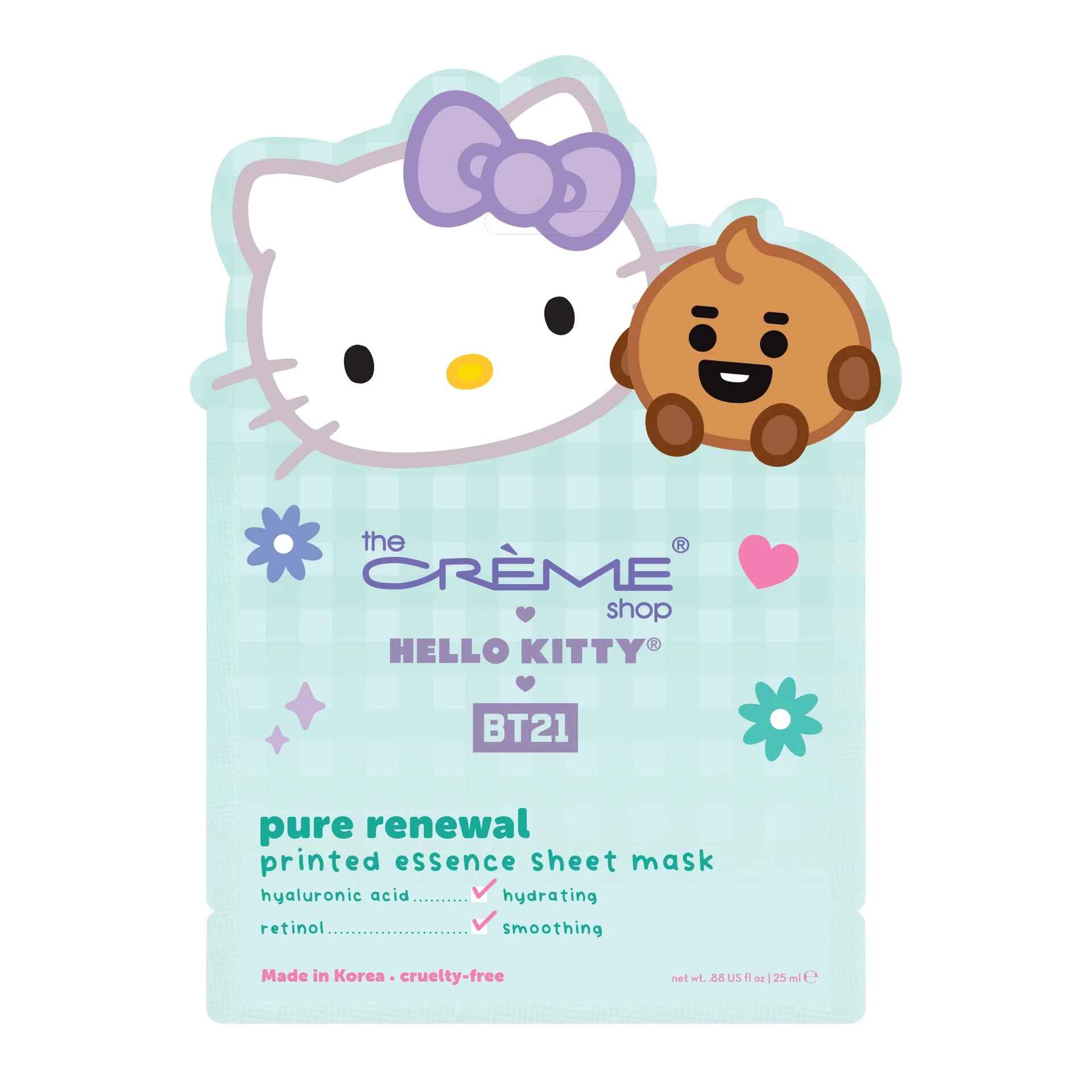 The Creme Shop HELLO KITTY and BT21 PURE RENEWAL PRINTED ESSENCE SHEET MASK.