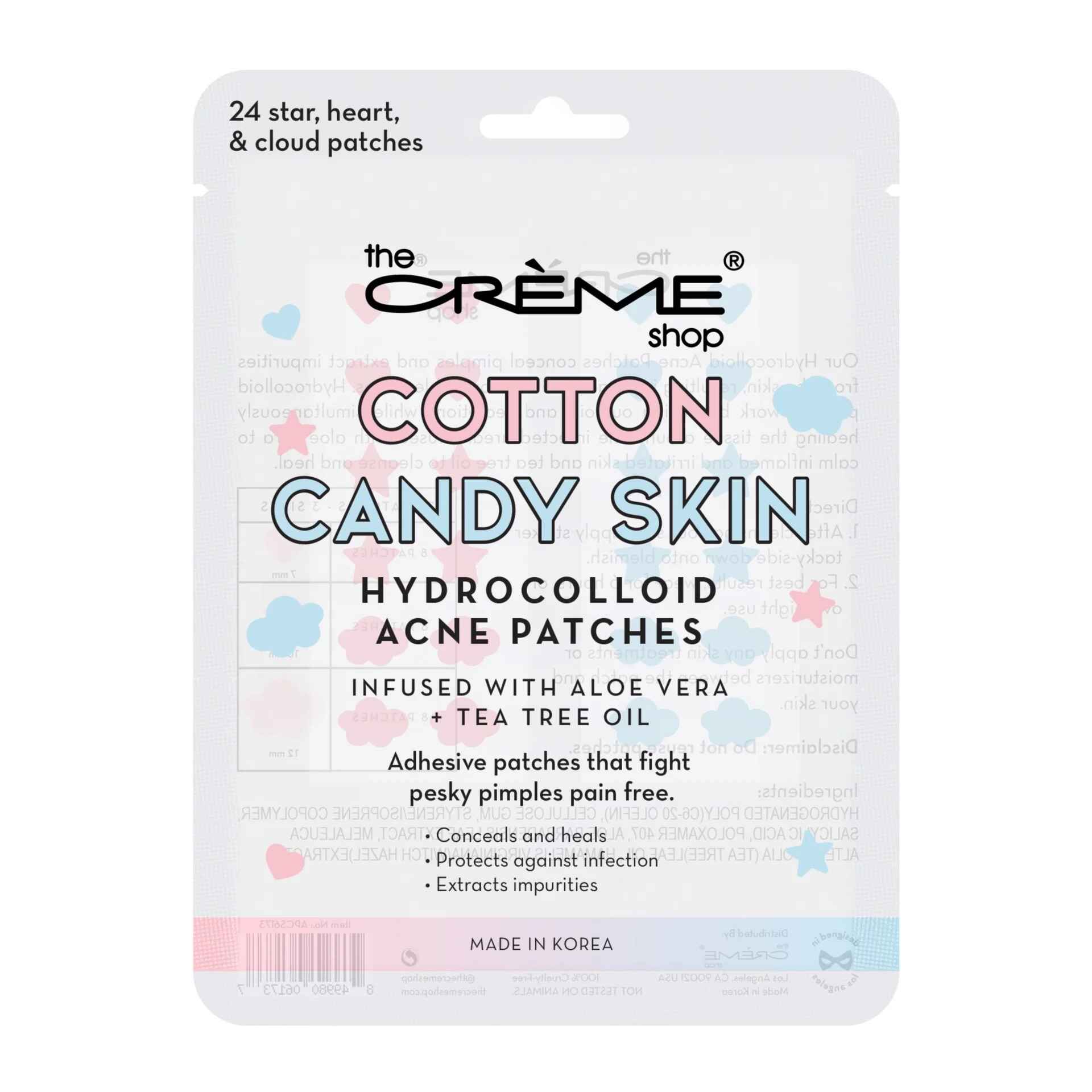 The Creme Shop COTTON CANDY SKIN HYDROCOLLOID ACNE PATCHES INFUSED WITH ALOE VERA TEA TREE.