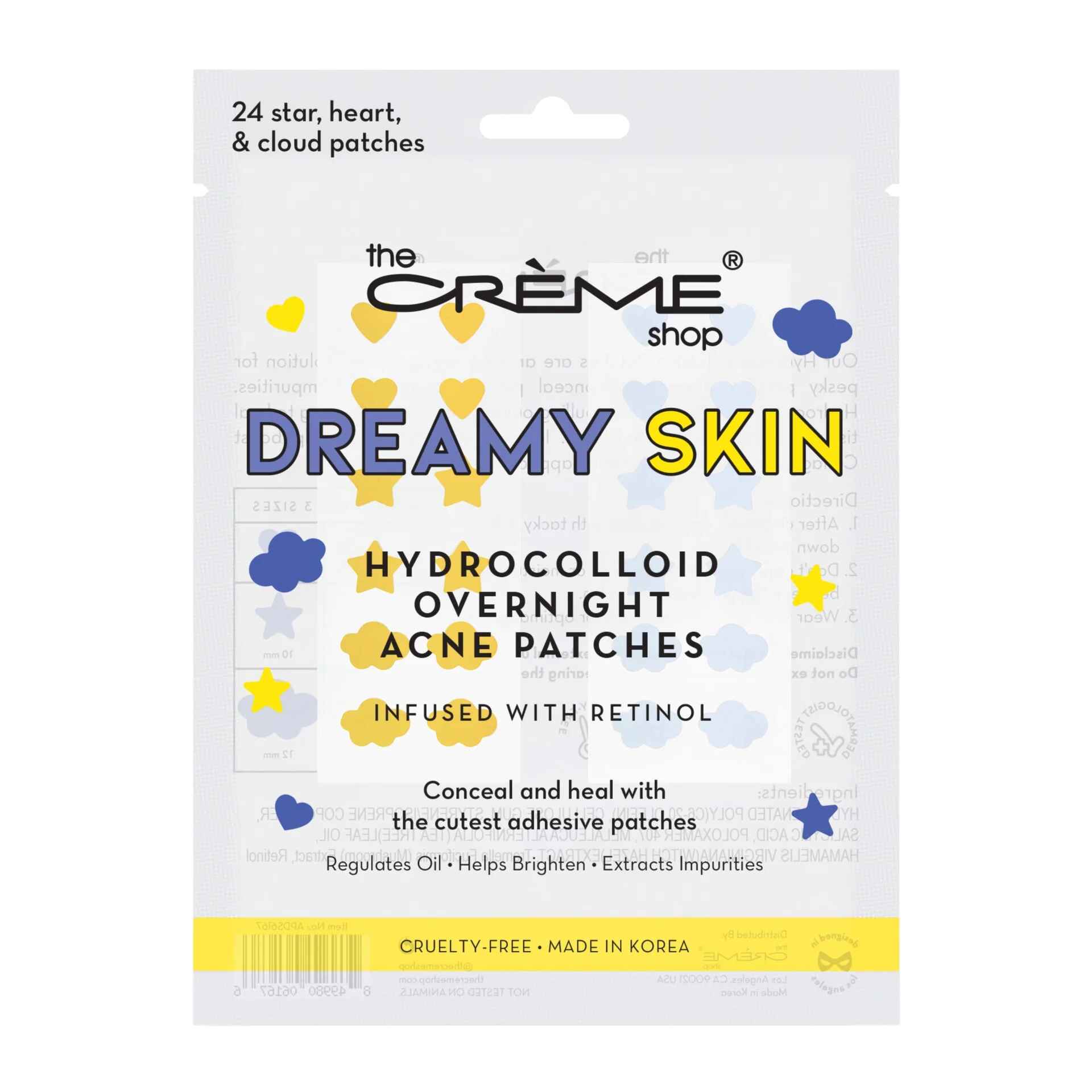 The Creme Shop DREAMY SKIN HYDROCOLLOID OVERNIGHT ACNE PATCHES INFUSED WITH RETINOL.